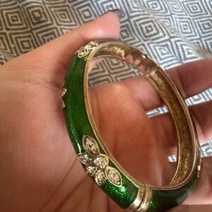 Banana Republic  Green enamel and Gold Hinged Bangle Bracelet with Rhinestones.